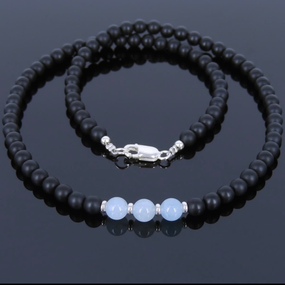 Mens Aquamarine Black Onyx Necklace Sterling Silver